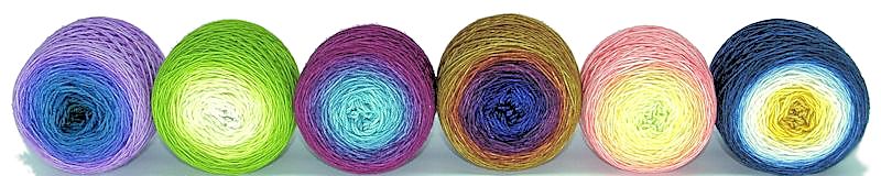 Gradient yarn wound into cakes